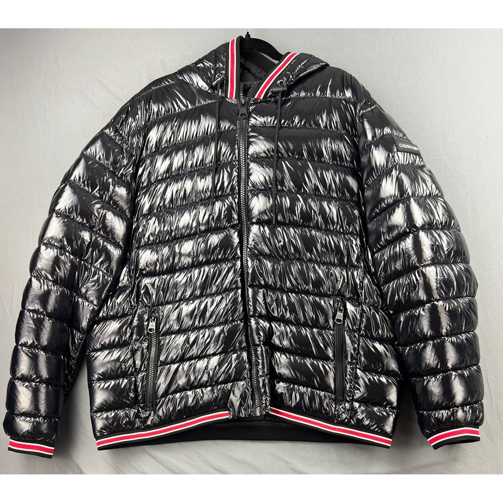 Calvin Klein Puffer Jacket Mens XXL Hooded Shiny Black Red Stripe Trim Excellent